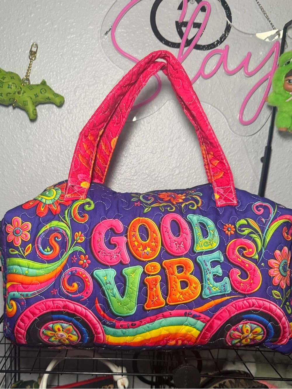 GOOD VIBES - Quilted Purple Floral Embroidered Crossbody Bag